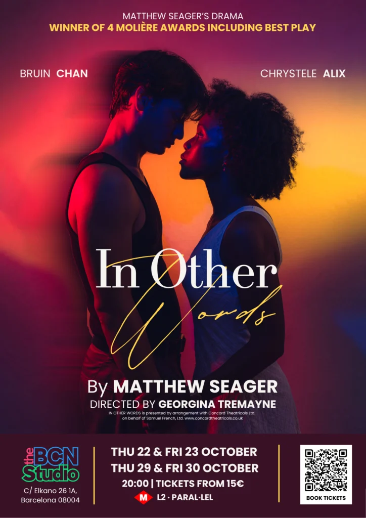 Poster for the play In Other Words by Matthew Seager, with Bruin Chan and Chrystele Alix face to face in red and amber light
